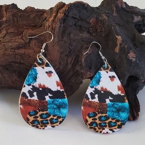 Western Leopard Patchwork Print Teardrop Earrings Faux Leather Lightweight